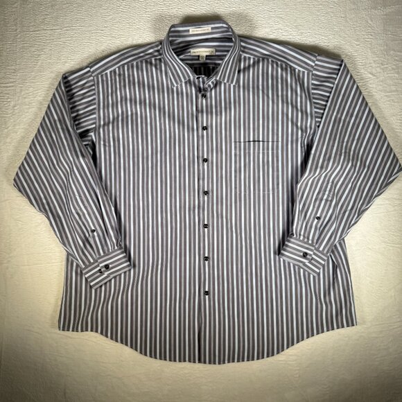 Pronto Uomo Non-Iron Button Up Shirt Mens Large Dark Navy Striped Long Sleeve - Picture 1 of 6